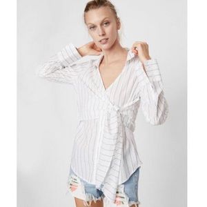 Express Women's White Tie Waist Surplice Top XXS